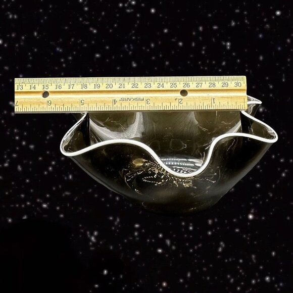 Czech Art Glass Handkerchief Bowl Smokey Olive Green White Ruffles Bohemian 3”T - Picture 5 of 12